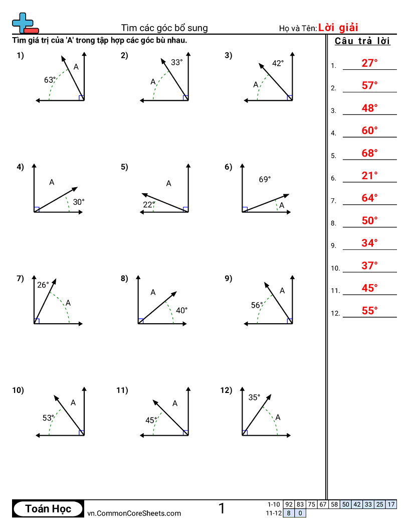 Trang về các góc  - tim-goc-bu-complementary worksheet