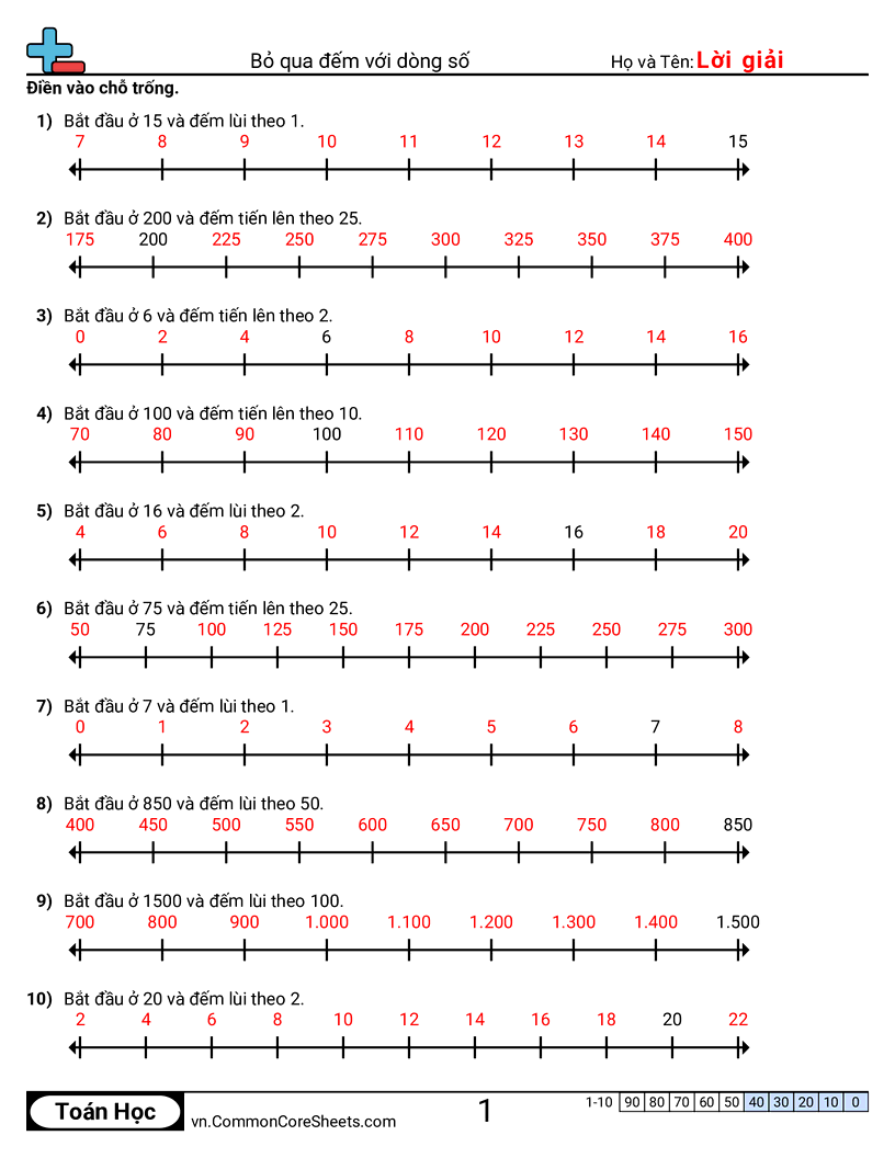 Đếm cách quãng bằng trục số worksheet preview