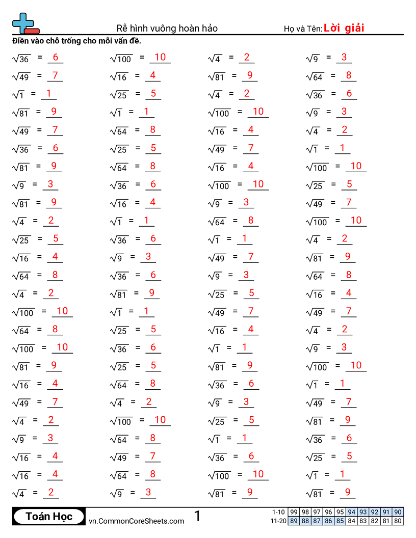 Căn bậc hai hoàn hảo worksheet preview