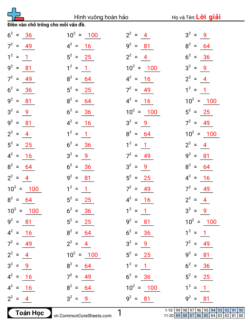 Bình phương hoàn hảo worksheet preview