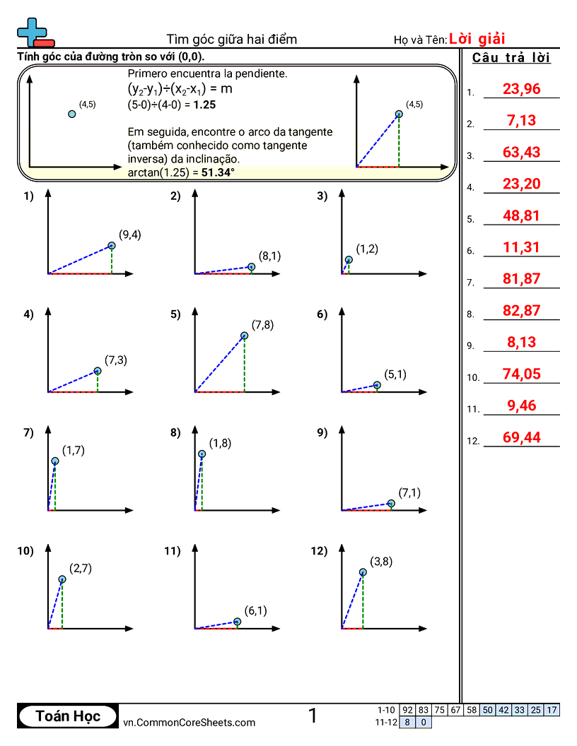 Tìm góc giữa hai điểm worksheet preview