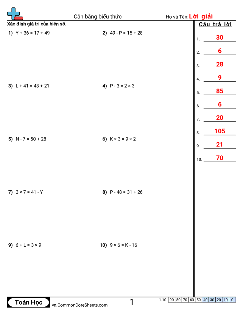Trang về cân bằng phương trình - tim-gia-tri worksheet