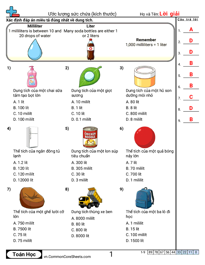 Dung tích hệ mét (trực quan) worksheet preview
