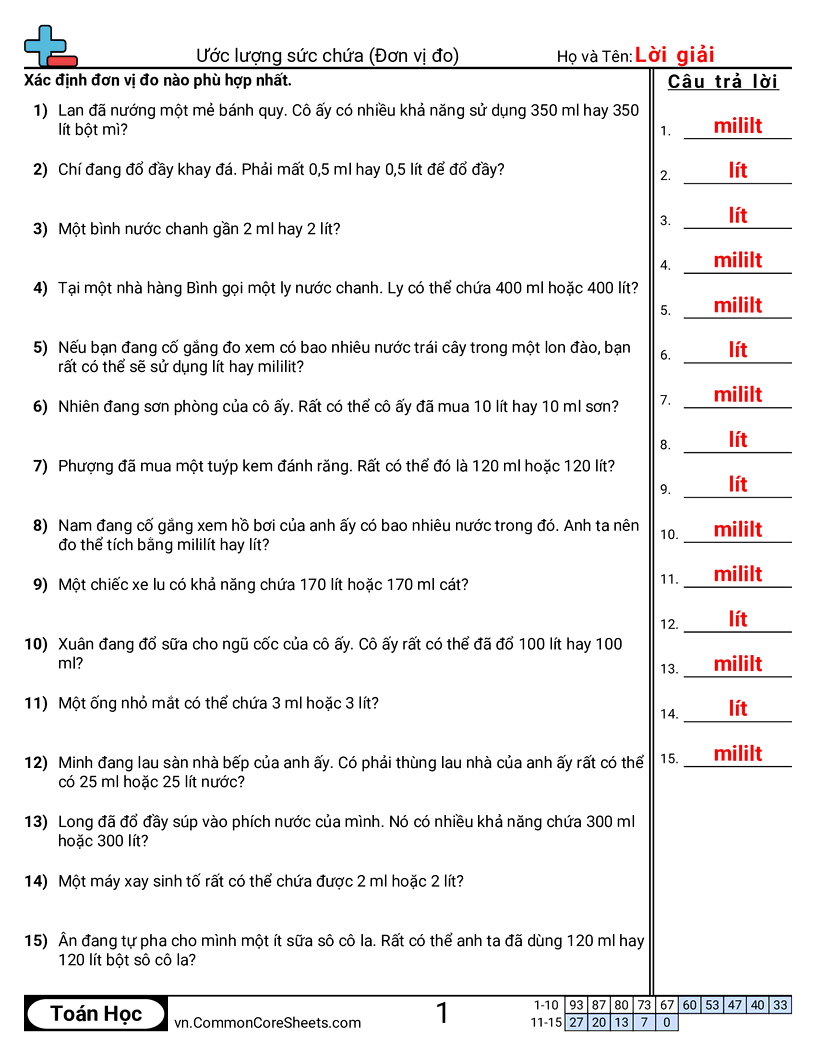 Dung tích hệ mét (bài toán lời văn) worksheet preview