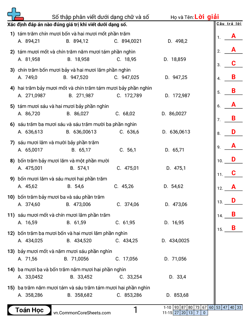Số thập phân (đến phần nghìn) worksheet preview
