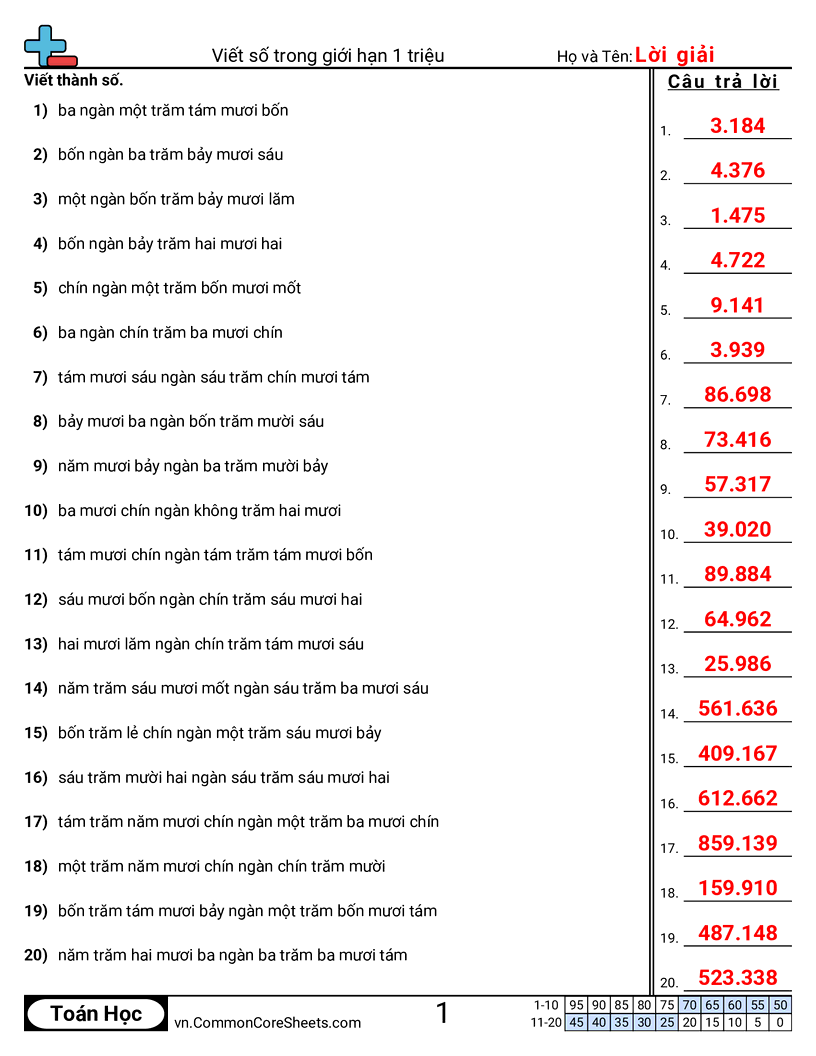 Chữ sang số trong phạm vi 1 triệu worksheet preview
