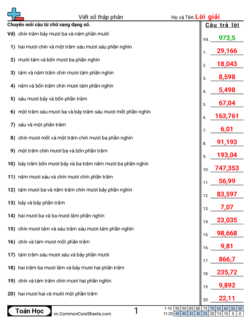 Chữ sang số với số thập phân worksheet preview
