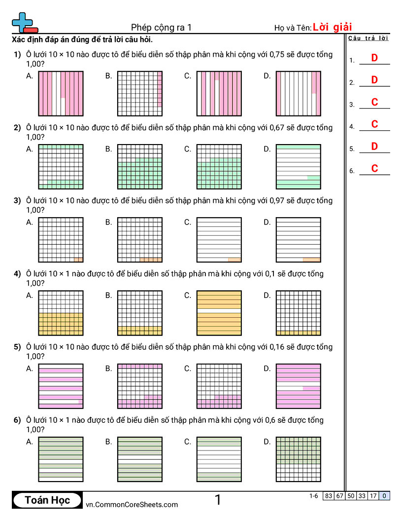 Cộng và trừ đến 1 worksheet preview