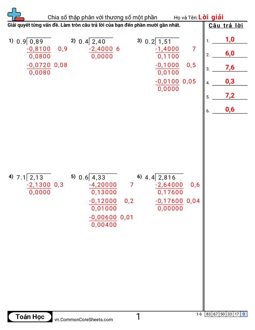 Chia số thập phân với thương phần (partial quotients) worksheet preview