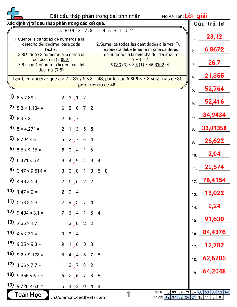 Đặt số thập phân worksheet preview