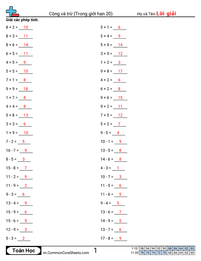 Trang về phép cộng - cong-va-tru-trong-pham-vi-20 worksheet