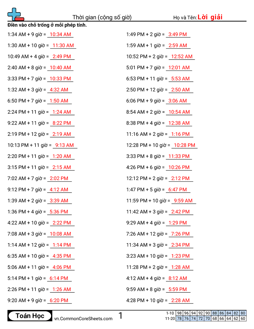 Cộng giờ worksheet preview