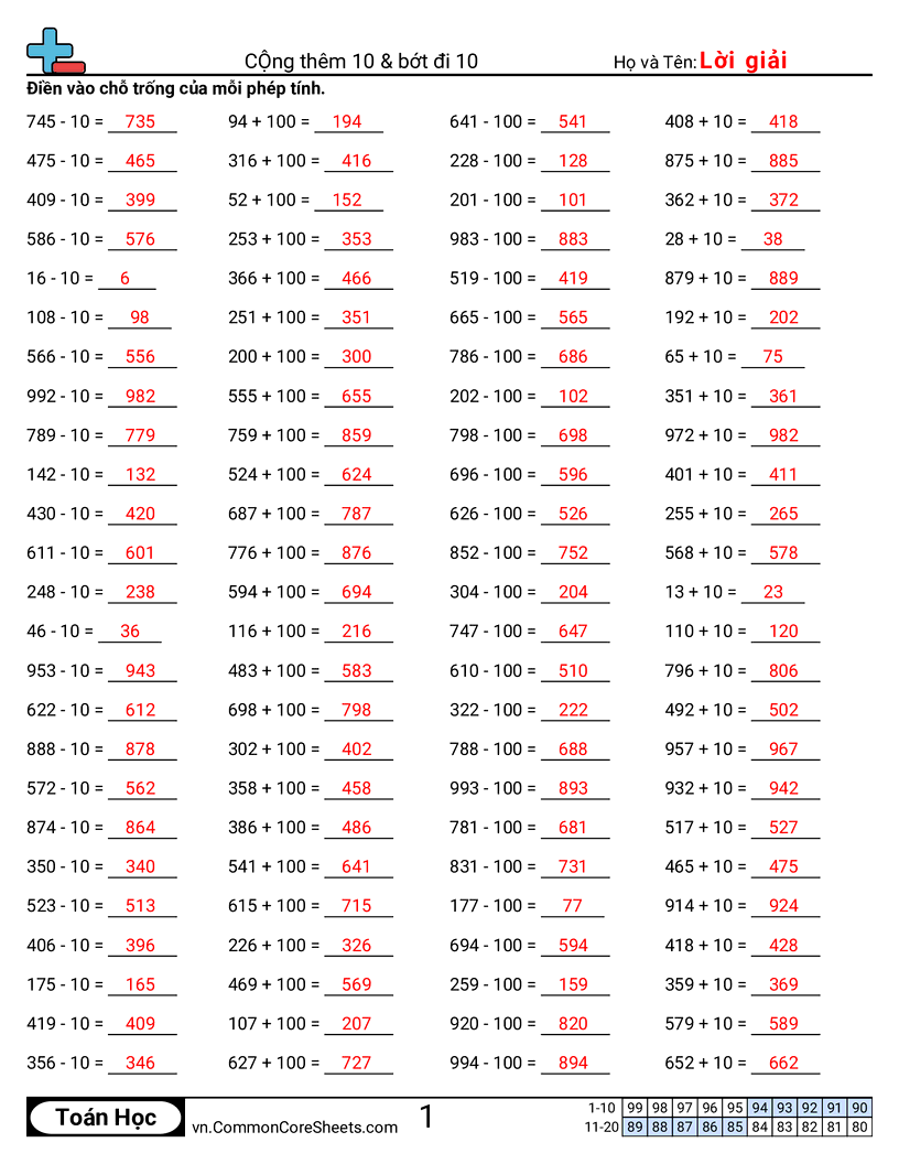 Trang về phép cộng - cong-tru-10-va-100 worksheet