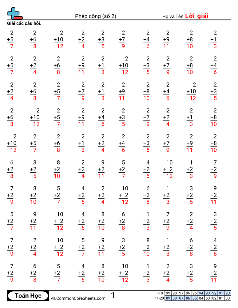 Trang về phép cộng - 2 worksheet