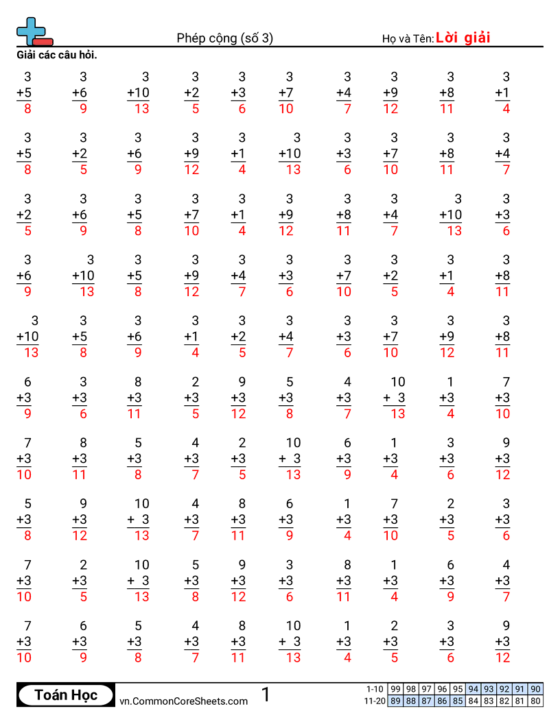 Trang về phép cộng - 3 worksheet