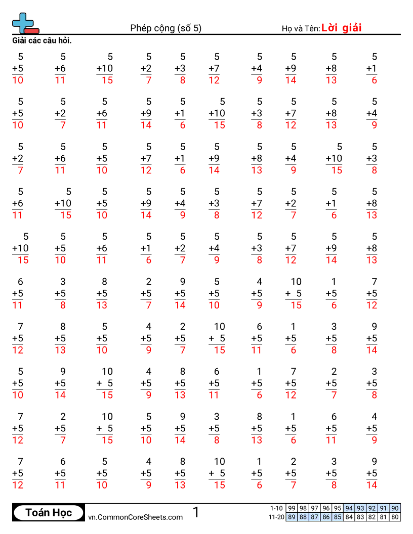Trang về phép cộng - 5 worksheet