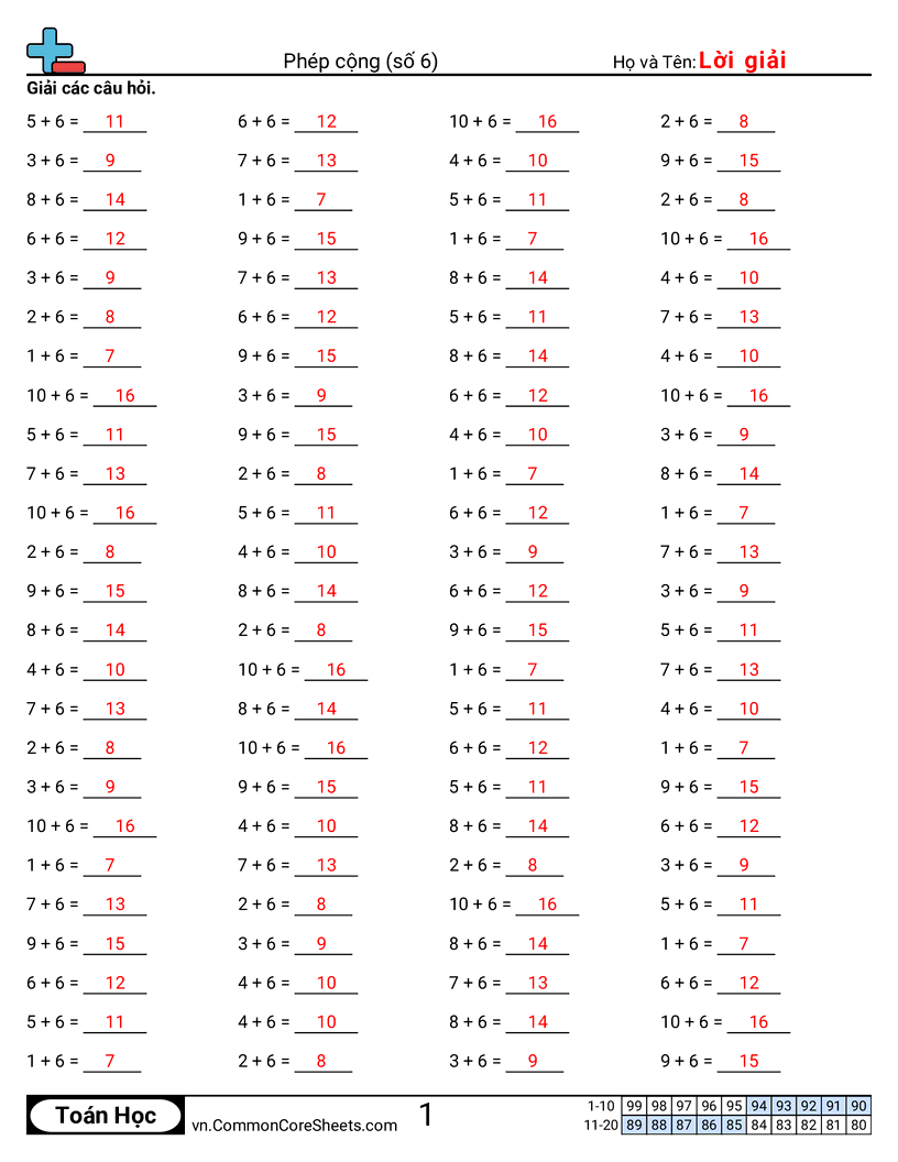 Trang về phép cộng - 6-ngang worksheet