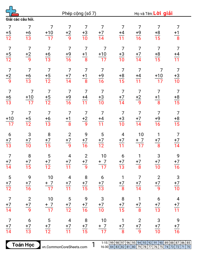 Trang về phép cộng - 7 worksheet