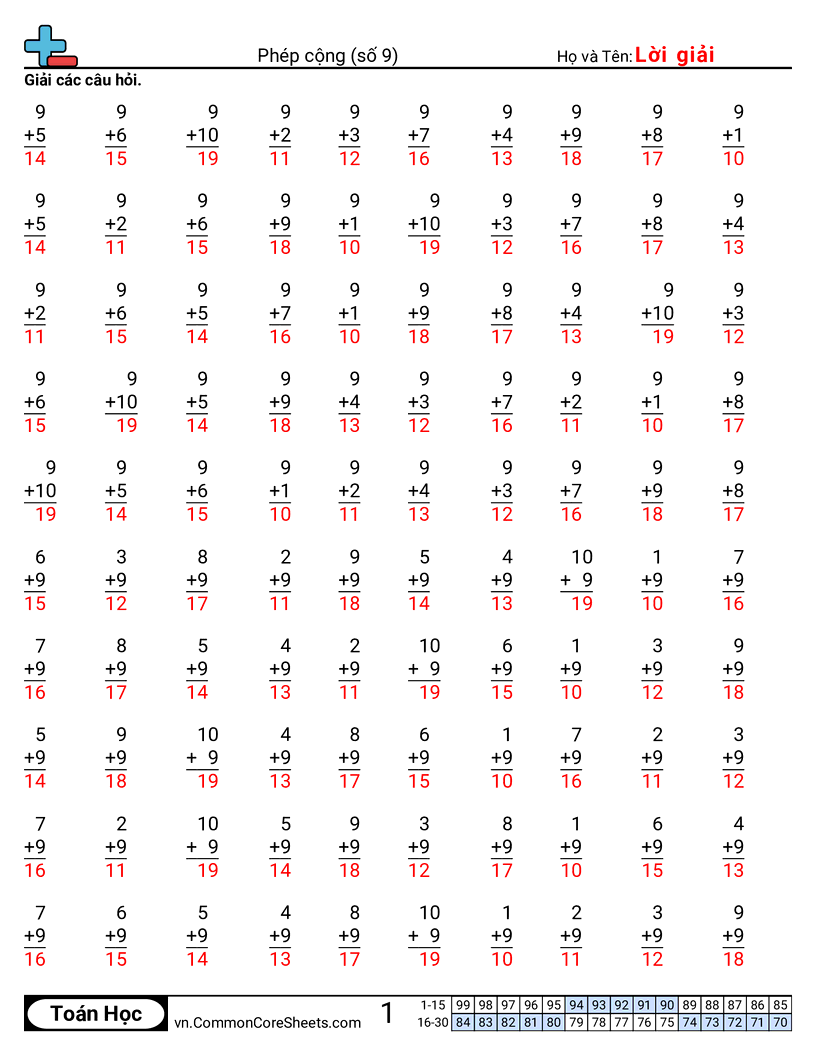Trang về phép cộng - 9 worksheet