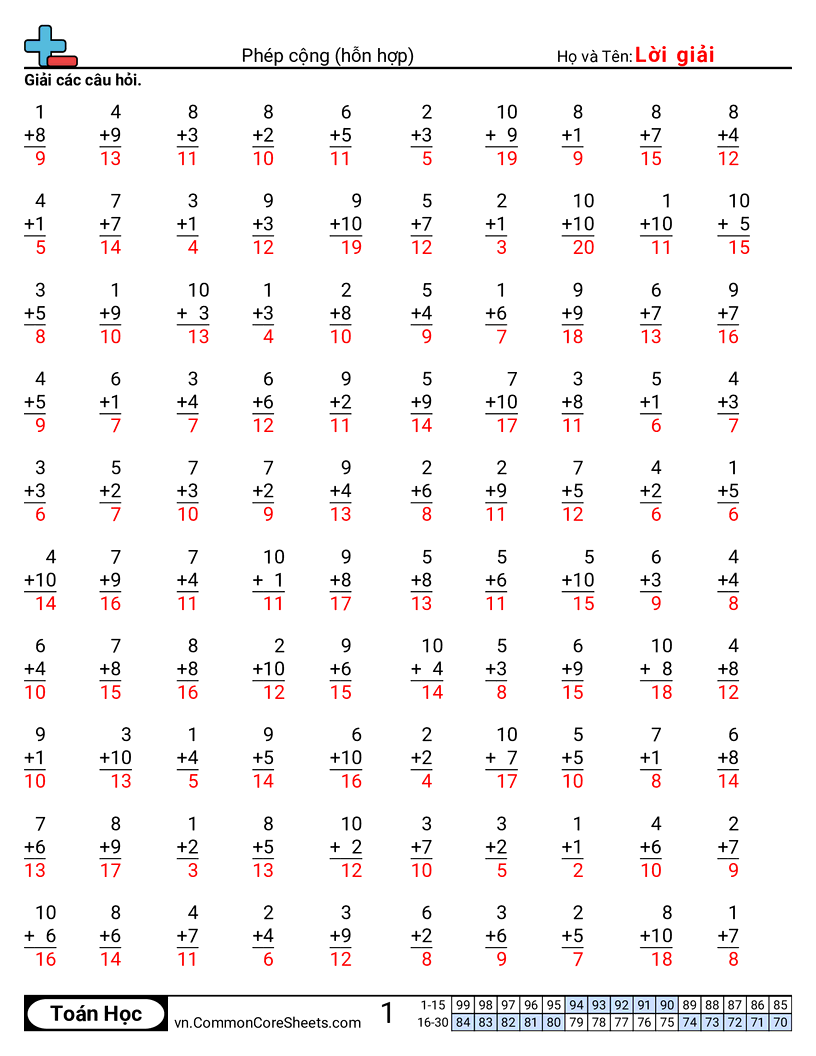 Trang về phép cộng - hon-hop worksheet