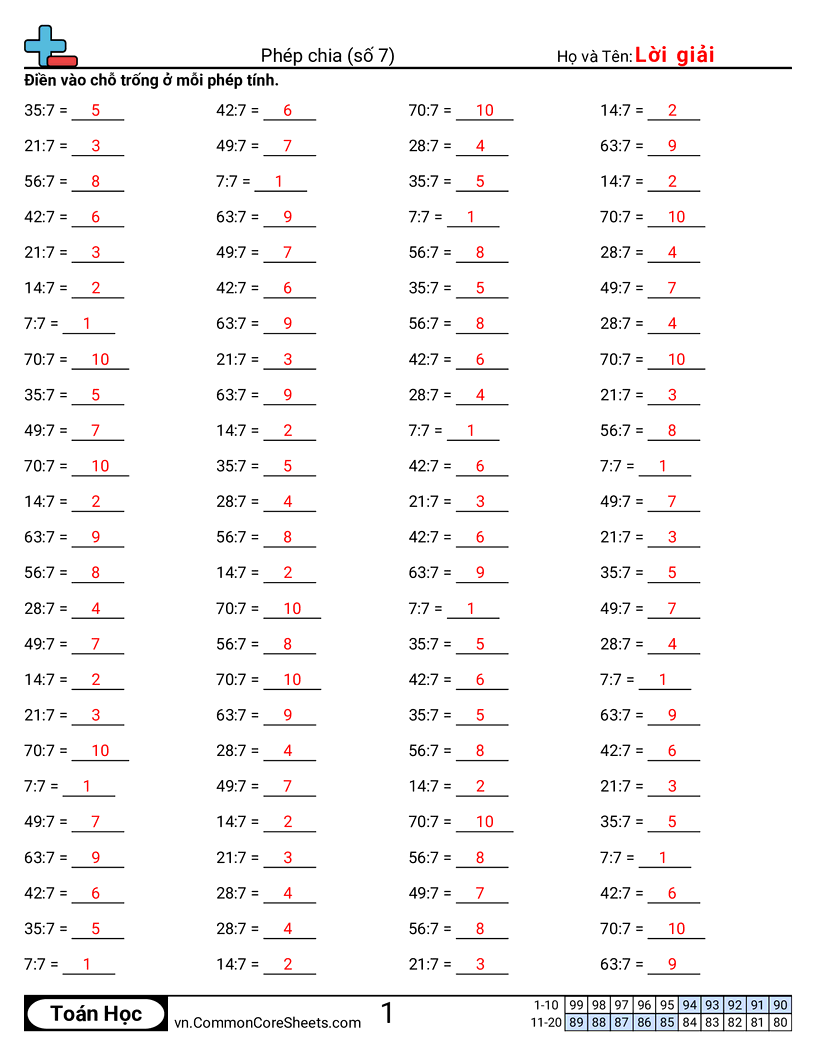 Trang về phép chia - 7 worksheet
