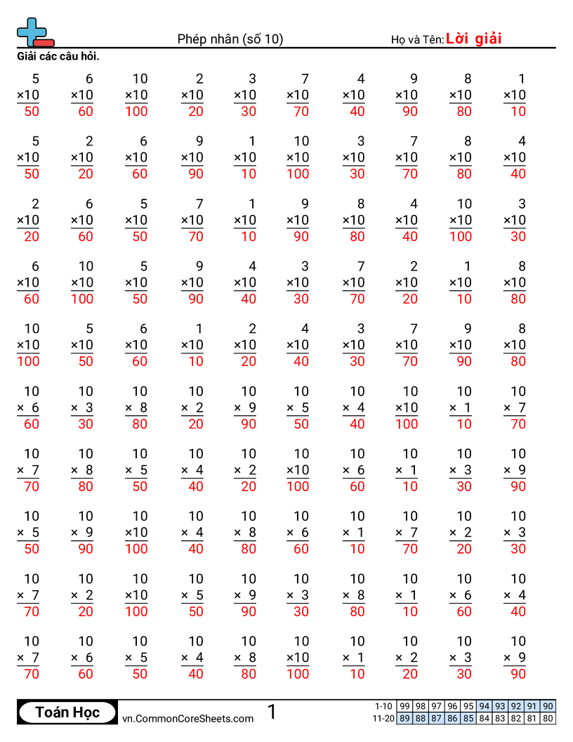 Trang về phép nhân - 10 worksheet