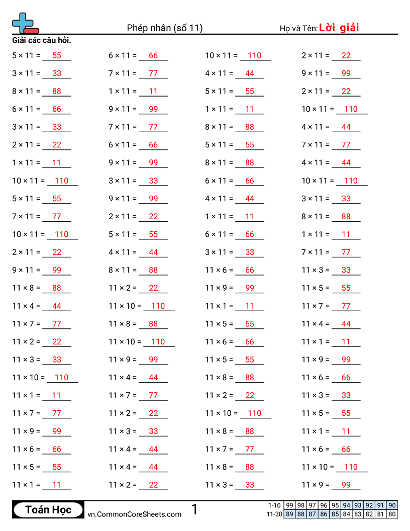 Trang về phép nhân - 11-ngang worksheet