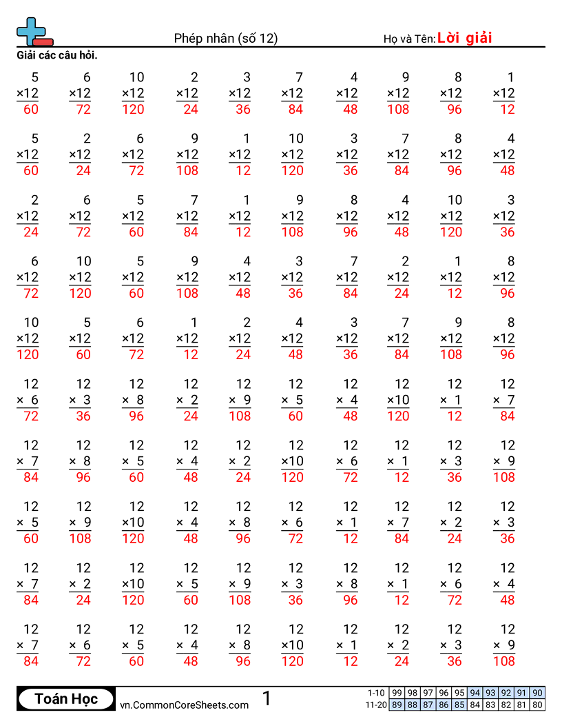 Trang về phép nhân - 12 worksheet