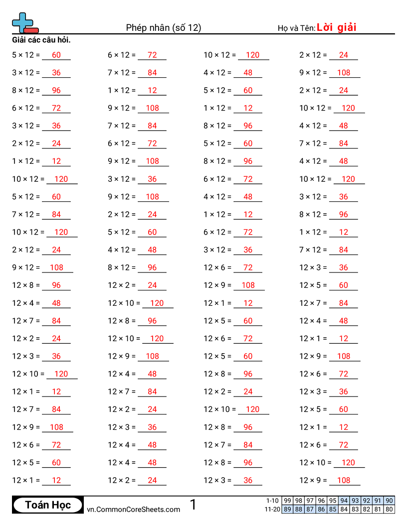 Trang về phép nhân - 12-ngang worksheet