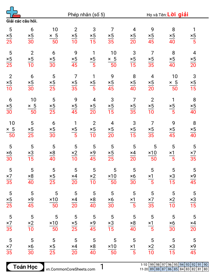 Trang về phép nhân - 5 worksheet