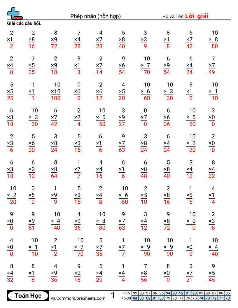 Trang về phép nhân - hon-hop worksheet
