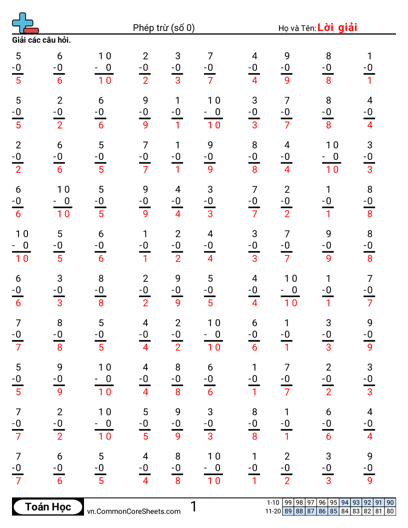 Trang về phép trừ - 0 worksheet