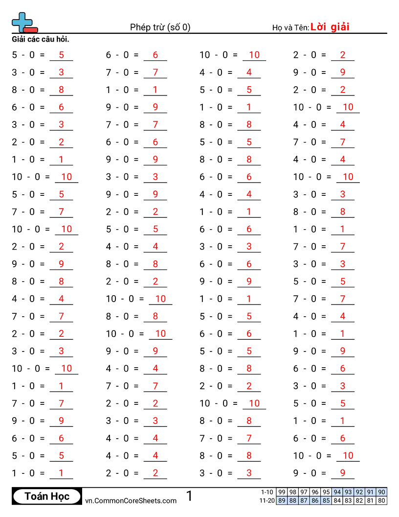 Trang về phép trừ - 0-ngang worksheet