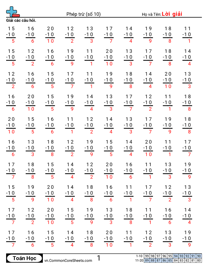 Trang về phép trừ - 10 worksheet