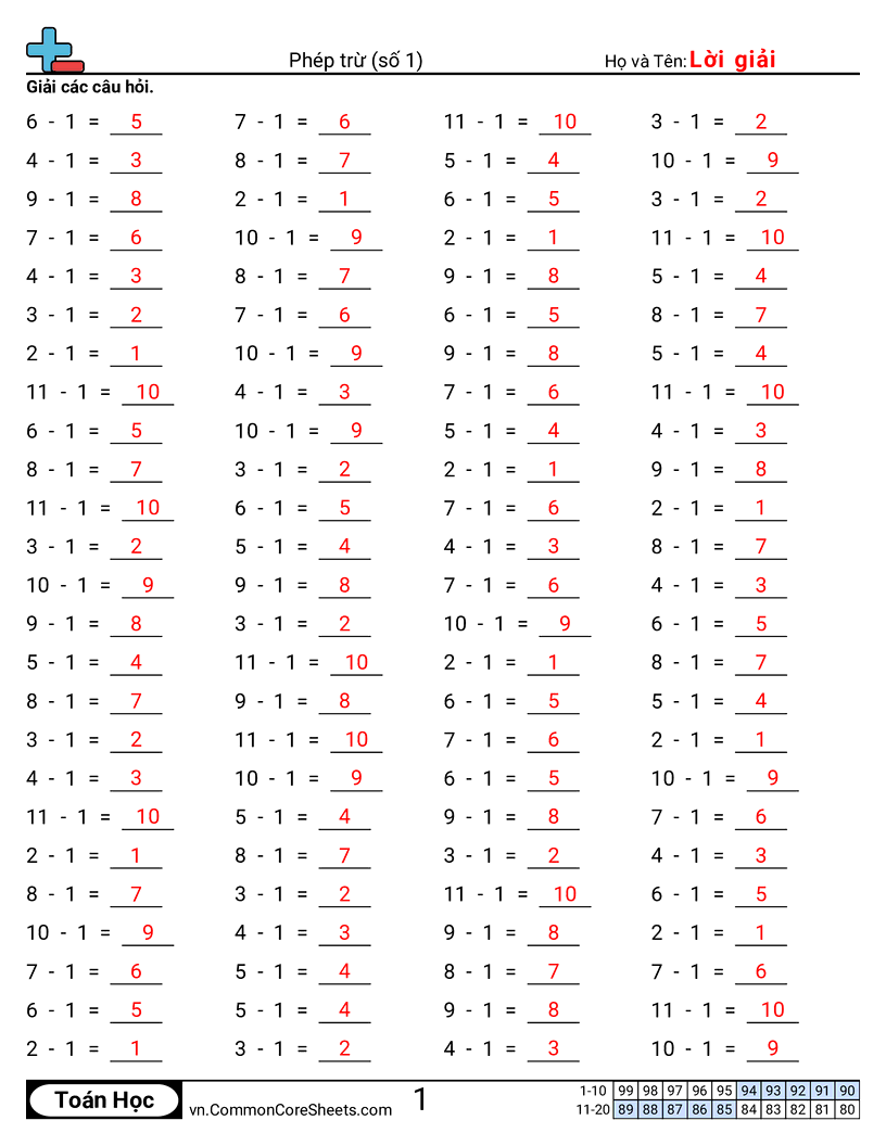 Trang về phép trừ - 1-ngang worksheet