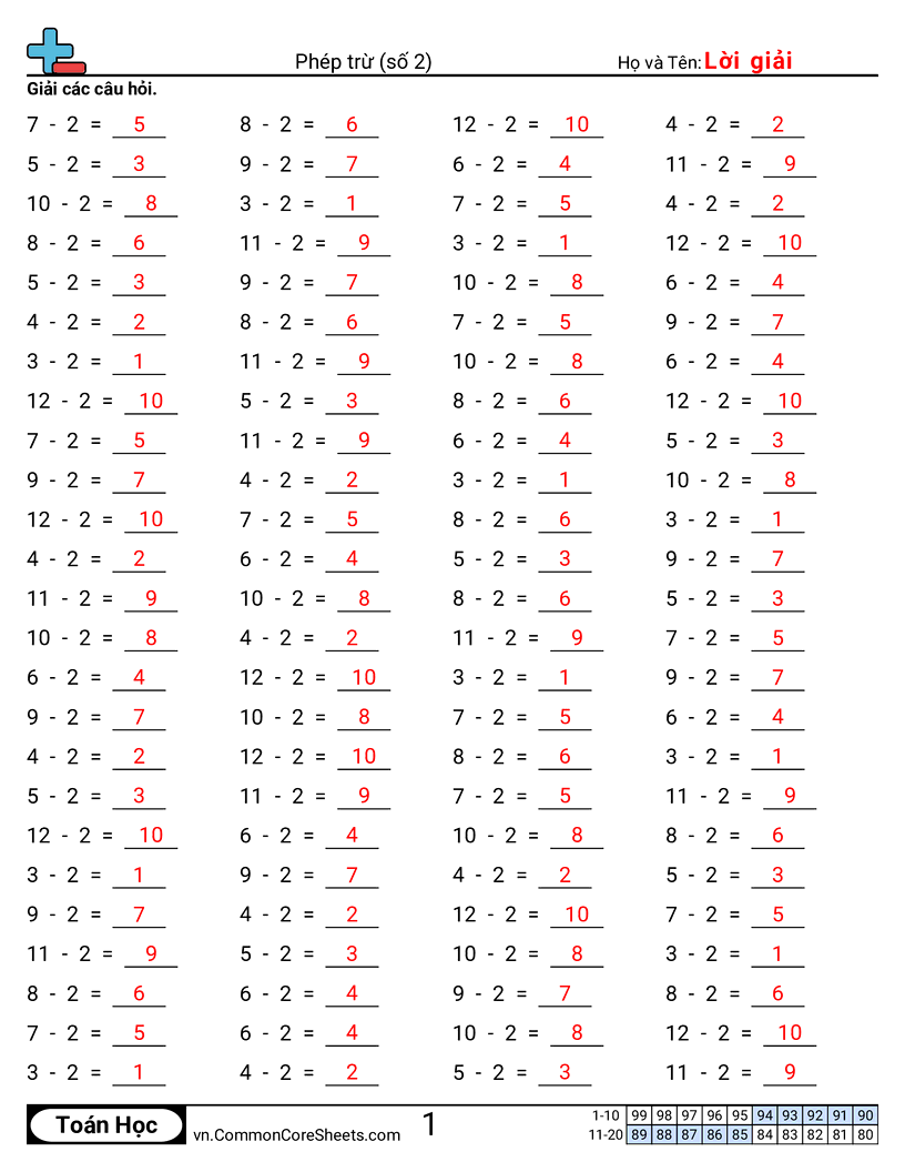 Trang về phép trừ - 2-ngang worksheet
