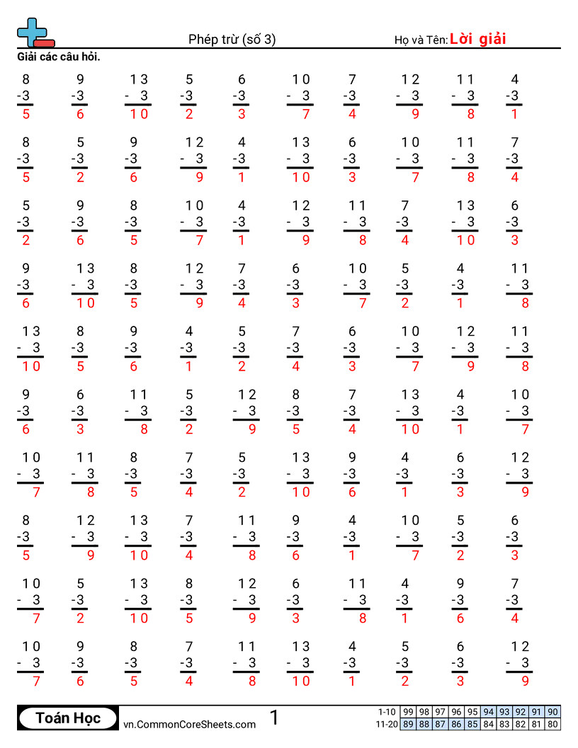 Trang về phép trừ - 3 worksheet