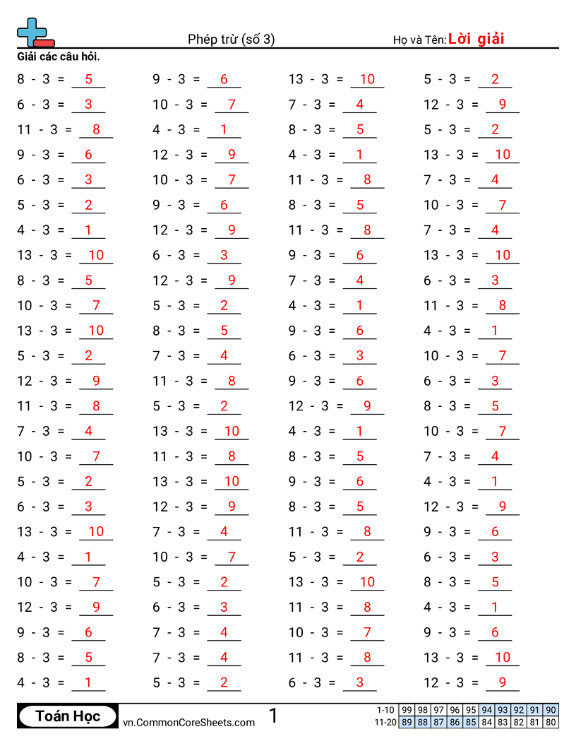 Trang về phép trừ - 3-ngang worksheet