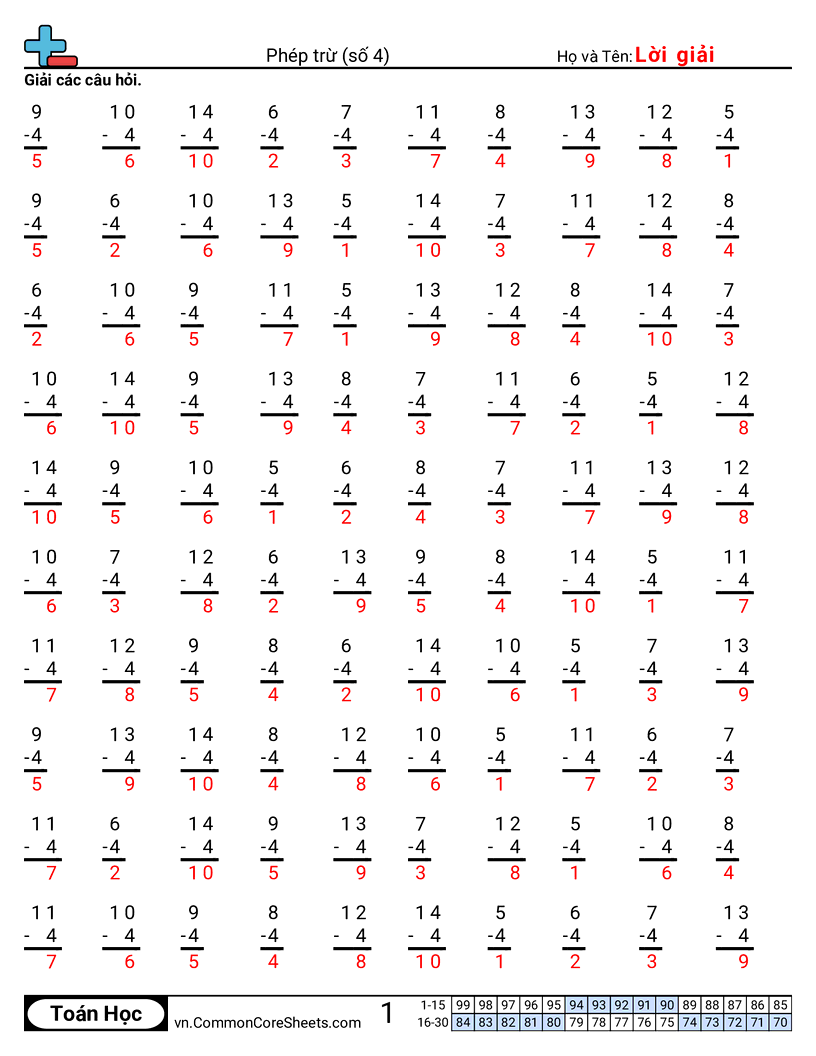 Trang về phép trừ - 4 worksheet