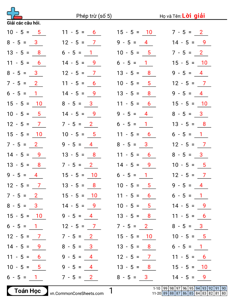 Trang về phép trừ - 5-ngang worksheet