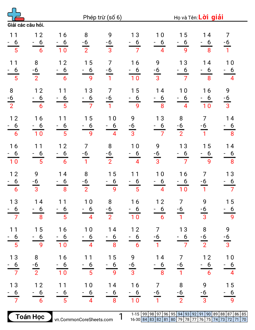 Trang về phép trừ - 6 worksheet