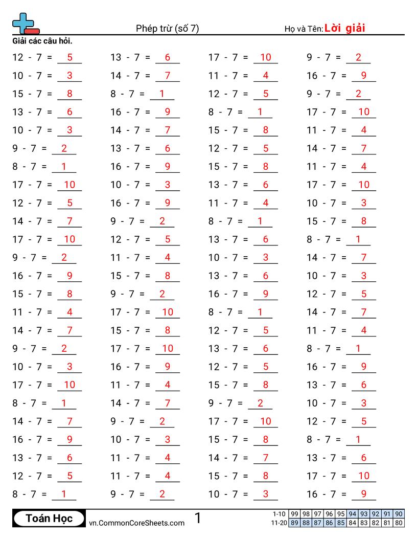 Trang về phép trừ - 7-ngang worksheet