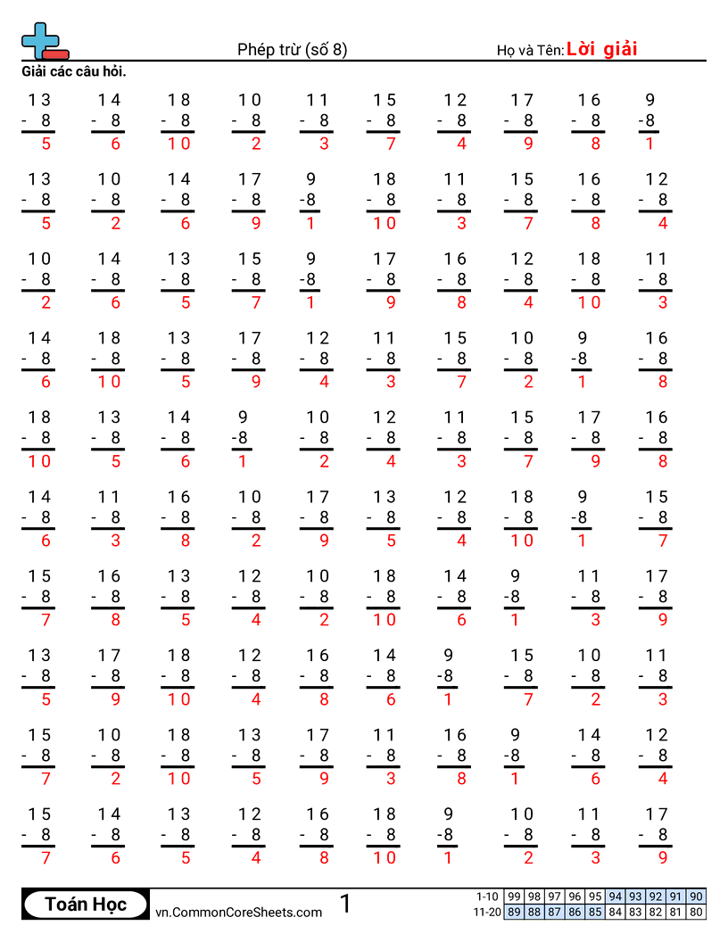 Trang về phép trừ - 8 worksheet