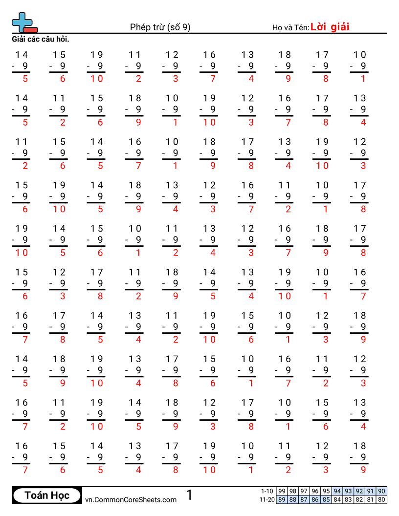 Trang về phép trừ - 9 worksheet