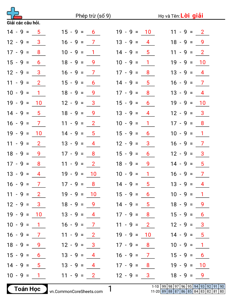 Trang về phép trừ - 9-ngang worksheet