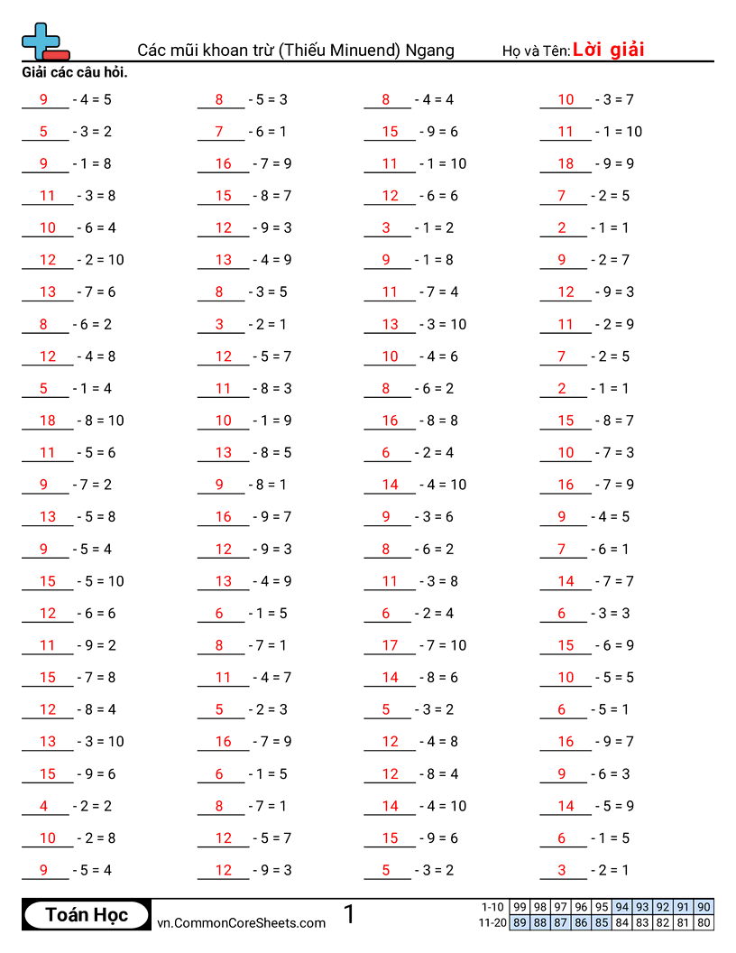 Bài tập trừ (thiếu số bị trừ) (ngang) worksheet preview