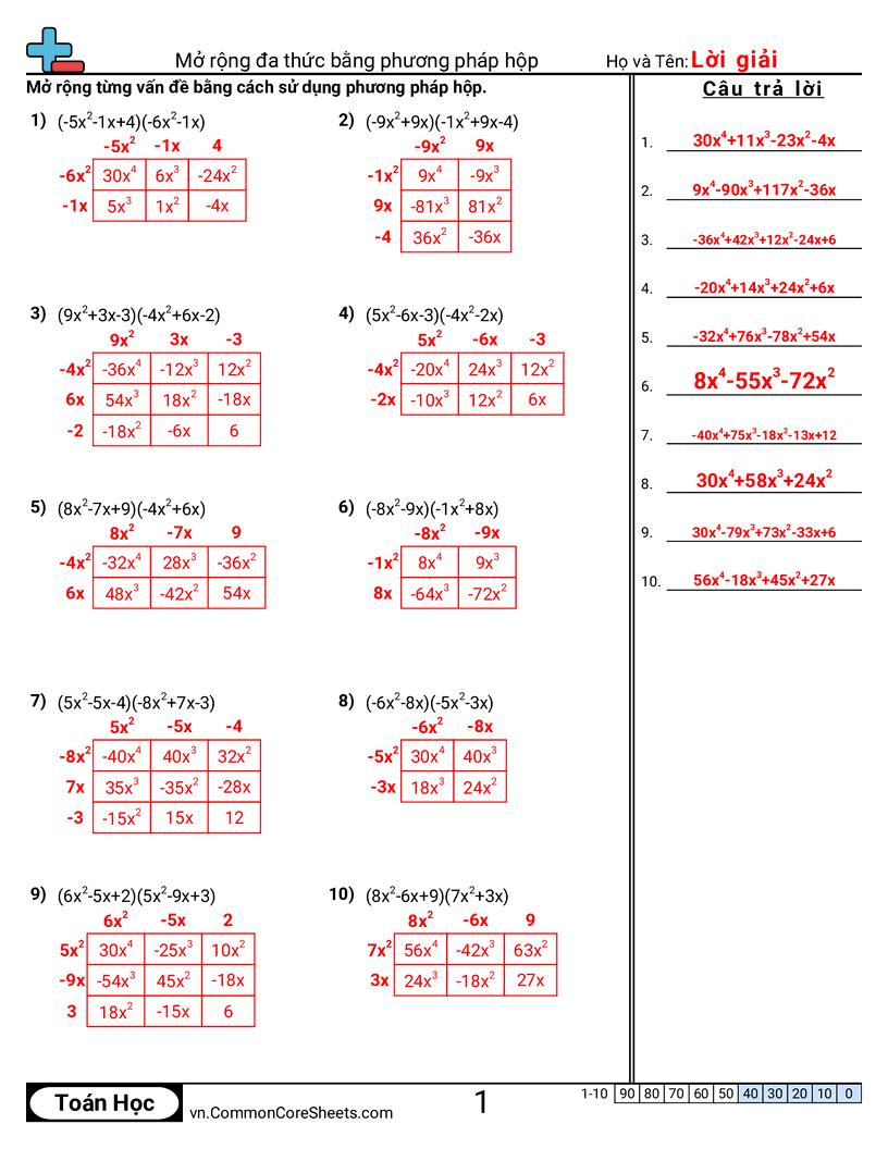 Khai triển đa thức bằng phương pháp ô (box) worksheet preview
