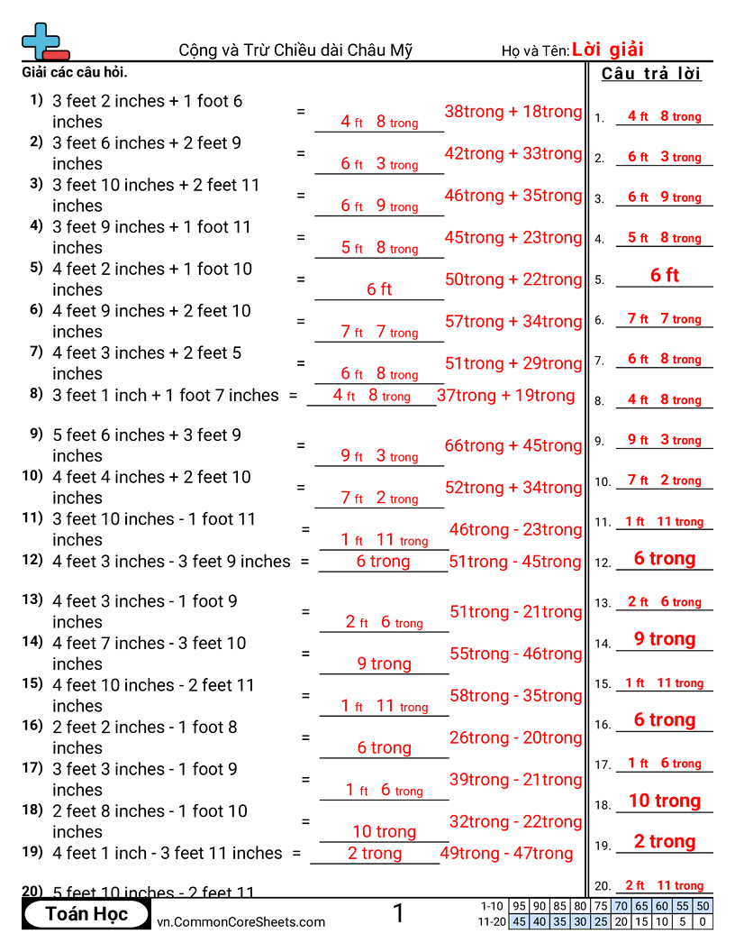 Cộng và trừ độ dài theo hệ Mỹ worksheet preview