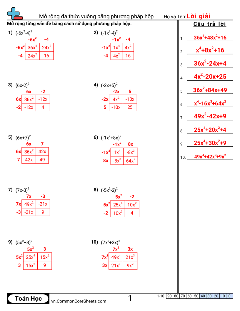 Khai triển đa thức bình phương bằng phương pháp ô (box) worksheet preview