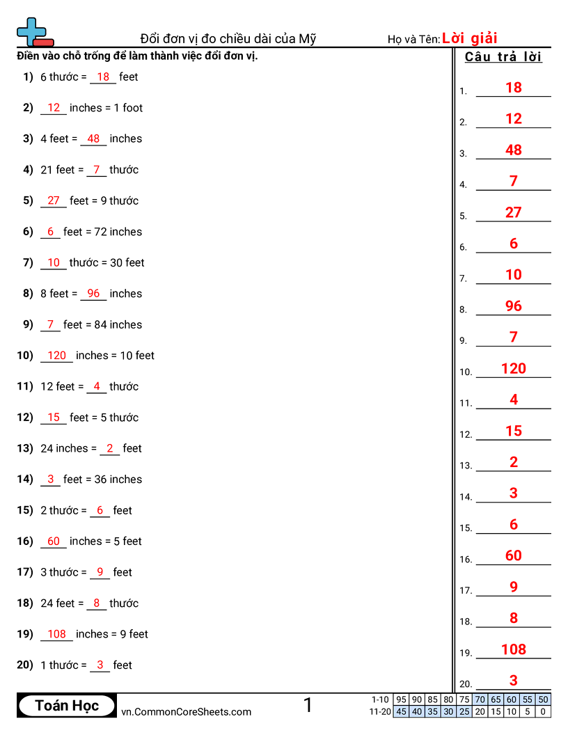 Đổi đơn vị độ dài hệ Mỹ worksheet preview